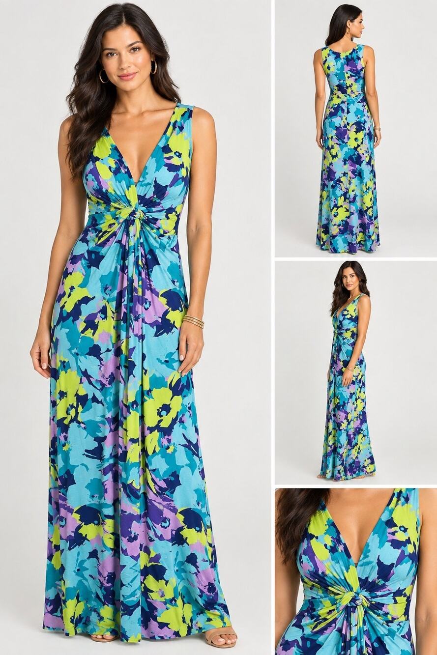IMAN Global Chic V-Neck Knit Vibrant Teal Floral Maxi Dress - Women’s L